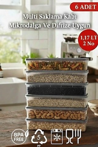 1,17 Lt Multi Saklama Kabı Difrize Uygun 6 Adet No:2 Şeffaf