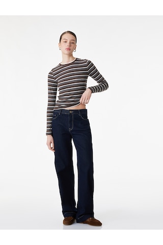 Koton Slim Fit Uzun Kollu Bisiklet Yaka Çizgili Tişört Kahverengi Çizgili 6sak80111ek Kahve Çizgili