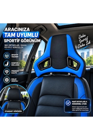 Universal Araç Koltuk Kafalığı Spor Yarış Tipi Lüx Deri Oto Başlık-mavi Mavi Siyah