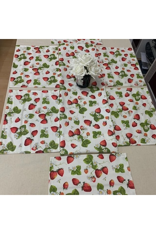 Çilek Desenli Masa Runner 40x110 Cm Ve Amerikan Servis Seti 6 Kişilik Çok Renkli