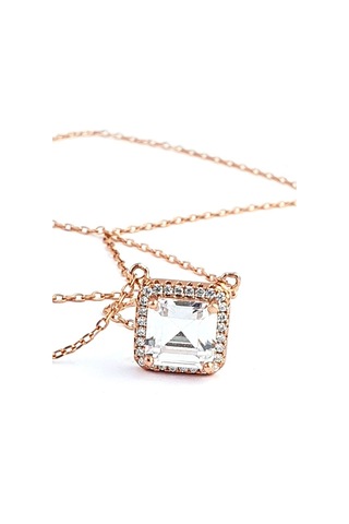 Baget Swarovski Taşlı 925Ayar Gümüş Rose Kare Tek Taş Kolye
