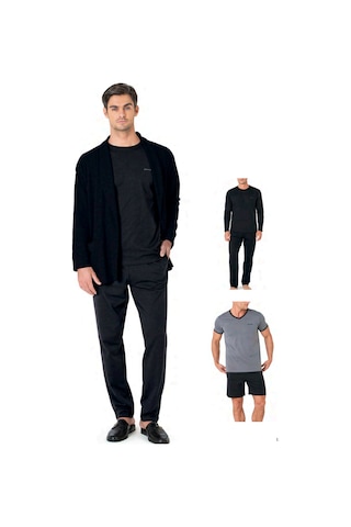 Pierre Cardin 5640 Erkek Triko Sabahlıklı 5'li Pijama Takım-siyah Siyah