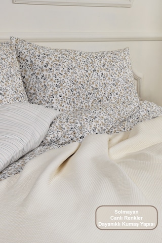 Elart Betty Nevresim Takımı Çift Kişilik %100 Pamuk Ranforce Lastikli Çarşaf 200x220 Cm Bej Bej
