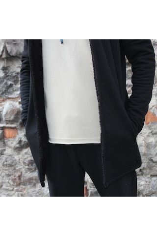 3 İplik Şardonlu Polar İçi Peluş Detaylı Kapşonlu Panço Ceket Siyah