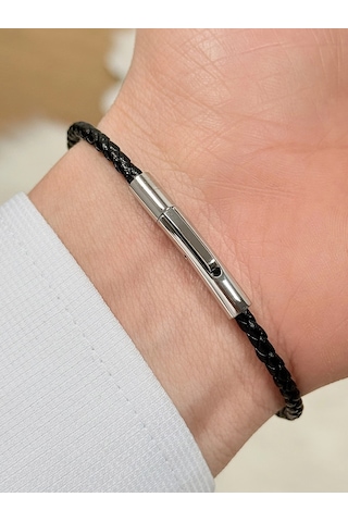 Gümüş Ve Siyah Deri Ve Çelik Erkek Bileklik Frj10128b-j 2 Yıl Garantili Hediye Paketli