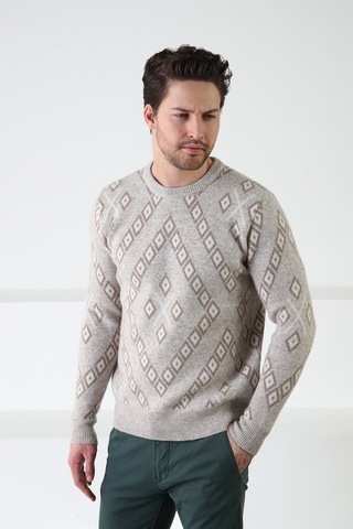 Ferraro Bej Kare Desenli Bisiklet Yaka %100 Kuzu Yünü Erkek Kazak Bej