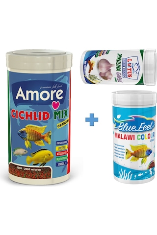 Cichlid Mix 1Lt Malawi Colour 250ml Spirulina Garlic 100ml Kutu