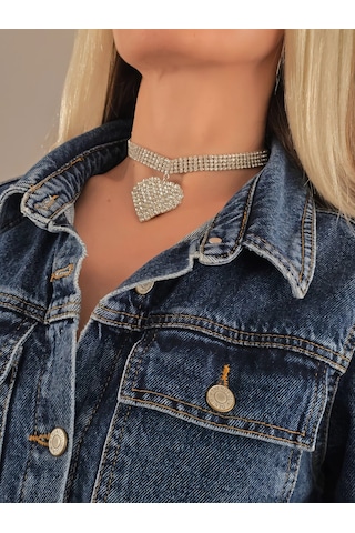 Sallantılı Kalp Model Rhinestone Choker Tasma Model Gümüş Renk Kolye Silver Çok Renkli
