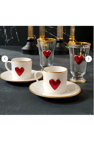 Regna Home Fine Living Love 2 Kişilik Dekorlu Kahve Yanı Su Bardaklı Kadehli 6 Parça Kahve Fincan Takımı Beyaz