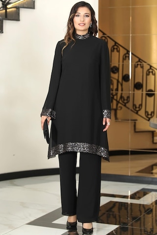Umay Şifon Tunik Pantolon İkili Tesettür Takım Siyah Siyah