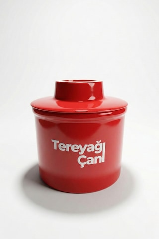 Çömlek - Seramik Tereyağı Saklama Kabı - Tereyağını Günlerce Taze Tutar - Ahşap Saplı Bıçak Hediyeli Kırmızı