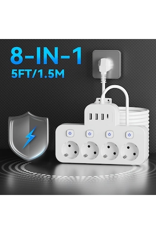 Xuweiwei Beyaz 8i 1 Arada Standart Eu Priz 4 Usb Portu Usb C Portlu Bagimsiz Anahtarlı 15m Uzatma Kablosu Ev Ofis İcin