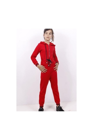 Toontoy Kız Çocuk Beli Bağçıklı Kapşonlu Tulum Kırmızı