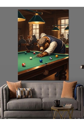 Ahşap Tablo Bilardo Masasında Düşünen Ayı Figürü