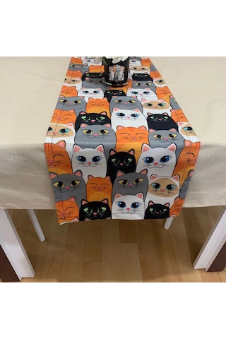 Renkli Kedi Figürlü, Yüksek Kaliteli Dijital Baskılı Runner, Dayanıklı, Modern Tasarım 40x110 Cm Çok Renkli