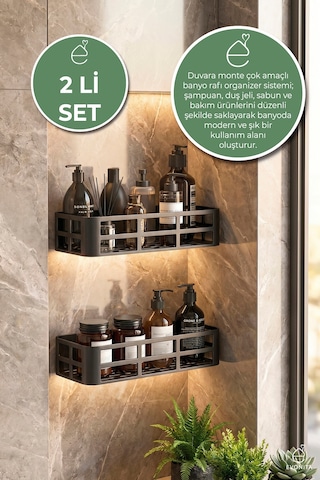 2 Li Yapışkanlı Banyo Rafı Şampuanlık Sabunluk Siyah Metal Duş Rafı Organizer Seti