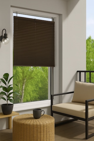 Kahverengi Plise Katlanır Cam Balkon Perdesi - Ofis Perdesi - Mutfak Perdesi - Salon Perdesi