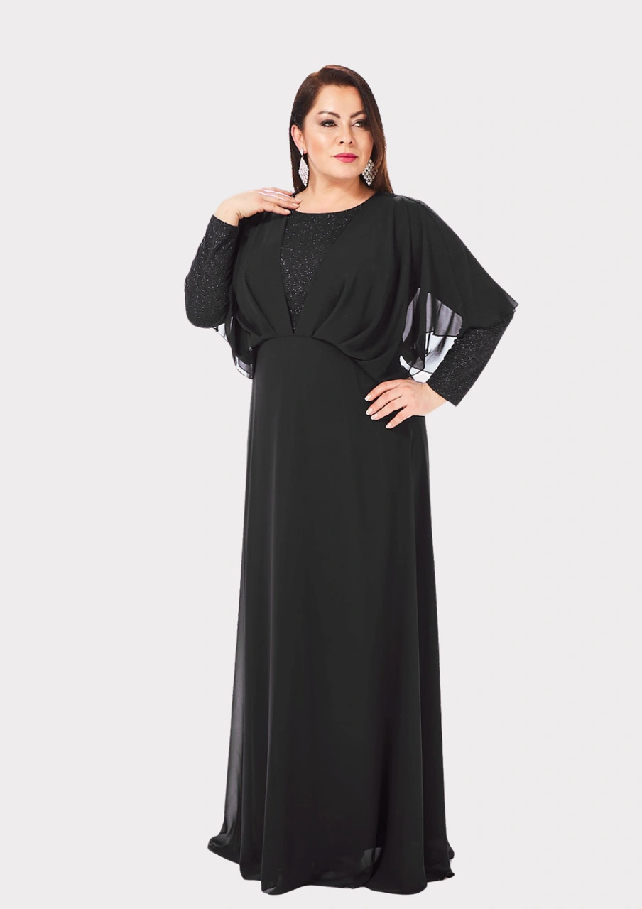 Lilas Xxl Büyük Beden Siyah Renkli Likralı Simli Abiye Elbise Siyah