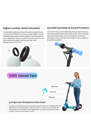 K100 Plus Ayarlanabilir Gidonlu Çocuk Elektrikli Scooter 160w Güç 11 Km Menzil Mavi