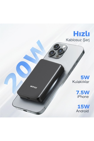 Woyax All In Magsafe Powerbank 10.000mah 20w Hızlı Taşınabilir Şarj Cihazı Saat Kulaklık Apple Uyumlu iPhone Android Siyah