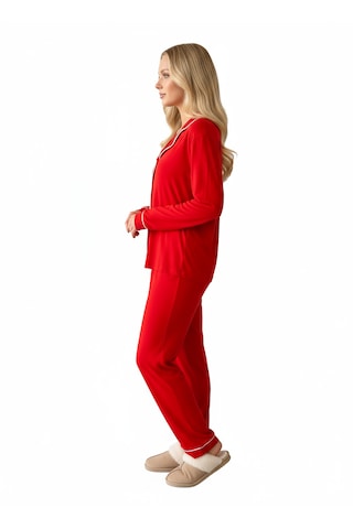 Merlot Kırmızı Düğmeli Biyeli Uzun Pijama Takımı