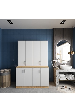 Maven Çamaşır Ve Kurutma Makinesi Dolabı Banyo Dolabı Meşe Beyaz Meşe - Beyaz