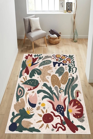 Modern Çiçekli Soyut Sanat Tasarımlı Dijital Baskılı Yıkanabilir Kaymaz Taban Salon Halısı Yolluk Çok Renkli