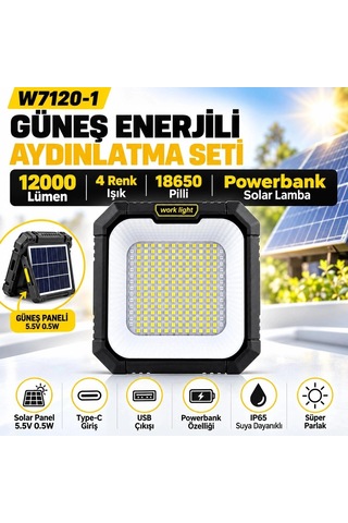 W7120-1 Güneş Enerjili Solar Aydınlatma Seti 12000 Lümen Sarı-be