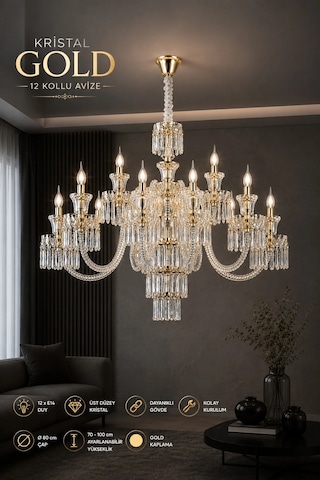Modern Premium Şık Detaylı Klasik 12'li Gold Avize E14 Duylu Lüks Salon Avizesi Aydınlatma