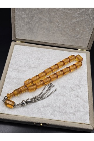 Özel Tasarım Alpaka Püsküllü Osmanlı Benzetme Çubuk Sıkma Kehribar Tespih Bal Sarısı No:2 Gümüş
