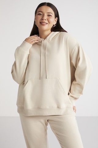 ETHIQUET TEREZABB Kadın Içi Polarlı Yumuşacık Comfort Fit Kapüşonlu Kanguru Cep Bej Büyük Beden Sweatshirt