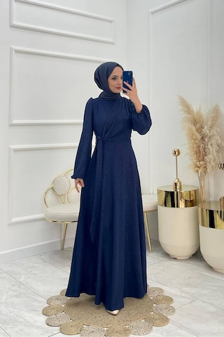 Neşeli Butik Kadın Bağlama Detaylı Jakarlı Tesettür Elbise Nms044 Saks