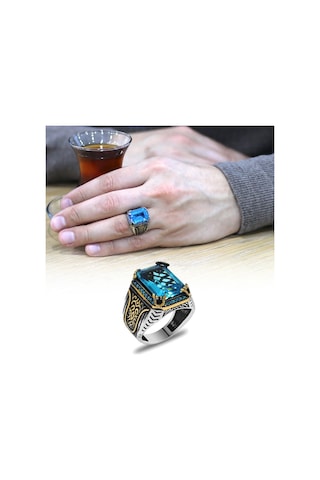 Baget Kesim Aqua Zirkon Taşlı Yanları Gotik Süslemeli 925 Ayar Gü (537174679)