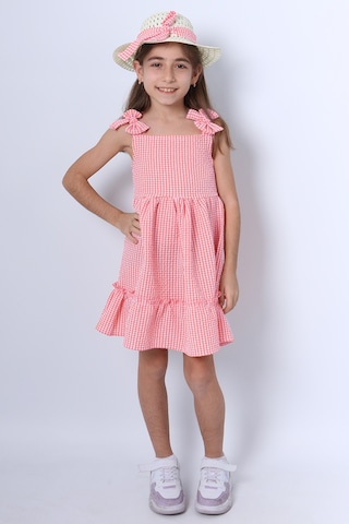 Kız Çocuk Şapkalı Elbise Kareli Fiyonklu B33 Toz Pembe