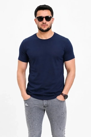 Defymoda Erkek Basic Tişört Bisiklet Yaka Kısa Kol Günlük Yazlık Slim Fit T-shirt - Lacivert