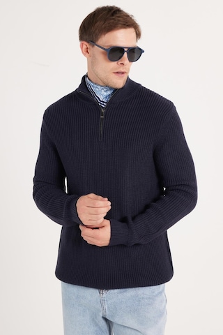Tudors Erkek Slim Fit Dar Kesim Fermuarlı Lacivert Dik Yaka Triko Kazak-34922 Lacivert
