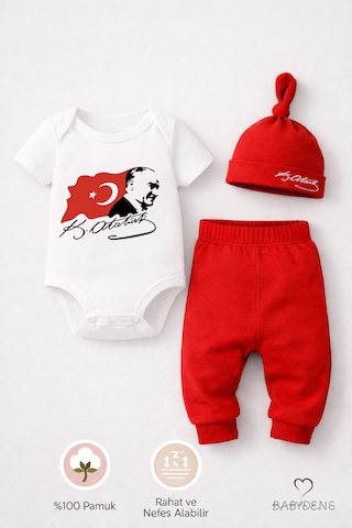 Babyden's Atatürk Baskılı Kısa Kol 3 Lü Bebek Takımı %100 Pamuk Body Pantolon Şapka Set Bayramlık Bebek Kombin Kırmızı - Beyaz
