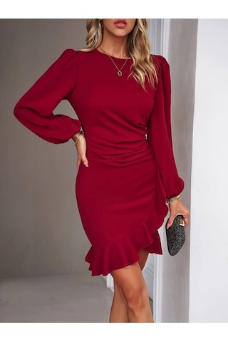 Kadın Uzun Kollu Bisiklet Yaka Önden Volanlı Ithal Krep Elbise Kırmızı