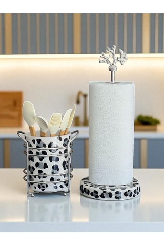Kaşıklık - Kağıt Havluluk 2'li Set Gri Leopar Gümüş