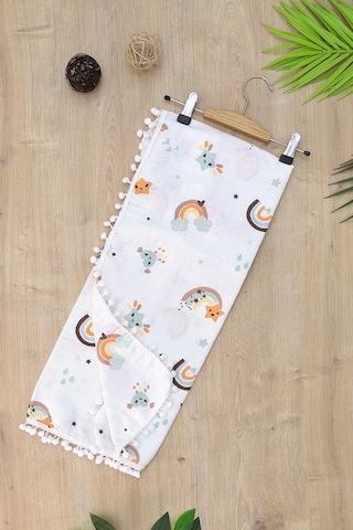 Kız Erkek Bebek Çift Katlı Ponponlu Müslin Kundak Battaniye Stl6907 Beyaz - Fuşya