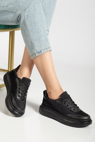 Erceka Aynalı Bağcıklı Kadın Spor Ayakkabı Günlük Kullanıma Uygun Sneaker Siyah-beyaz Ve Fileli Siyah - Beyaz