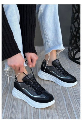 Siyah Süet Gri Detaylı Hafif Ortapedik Taban Kadın Spor Ayakkabı Siyah