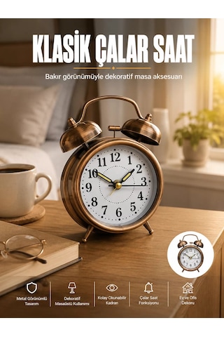 Metal Bronz Nostaljik Masa Saati Alarmlı Büyük Boy Sessiz Mekanizmalı Çr 93988155