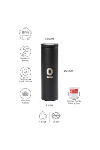 Paslanmaz Çelik Siyah Uzun Termos 480 ML No:50