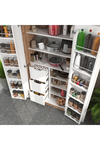 165 Derece Açılabilir 2 Kapaklı, 3 Çekmeceli, Kavanoz Raflı Kiler Ve Erzak Mutfak Dolabı Atlantik Çam Beyaz