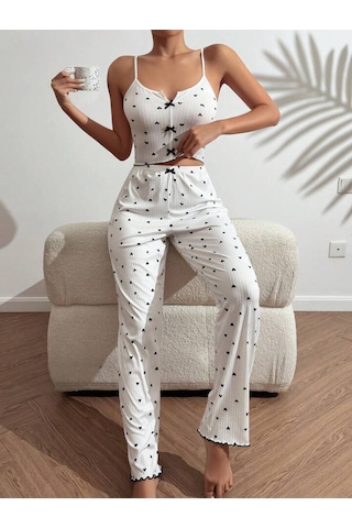 Gazaniga Kadın Beyaz Likralı Desenli Gecelik Pijama Takımı Fiyonk