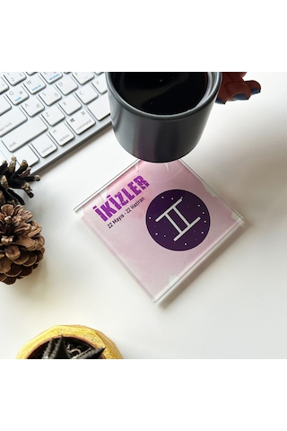 Decorita Cam Bardak Altlığı Burçlar - İkizler Burcu 4'lü Takım 10 CM Çok Renkli