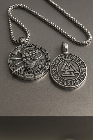 Paslanmaz Çelik 2 Li Viking Kolye Seti Valknut Ve Savaşçı Sembolü Erkek Kolye Gümüş