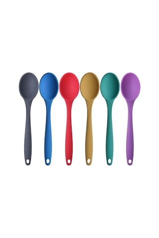 Silikon Büyük Boy Kaşık Seti, Yanmaz Yapışmaz, Çok Renkli - Mavi, Sarı, Yeşil, Kırmızı, Antrasit, Mor - 27 Cm, 6 Adet Set, Bpa Free