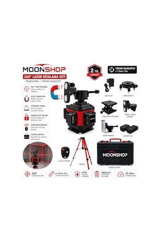 Moonshop 360 Yeşil Lazer Hizalama Seti Şarjlı 16 Çizgili Tripodlu Profesyonel Lazer Terazi